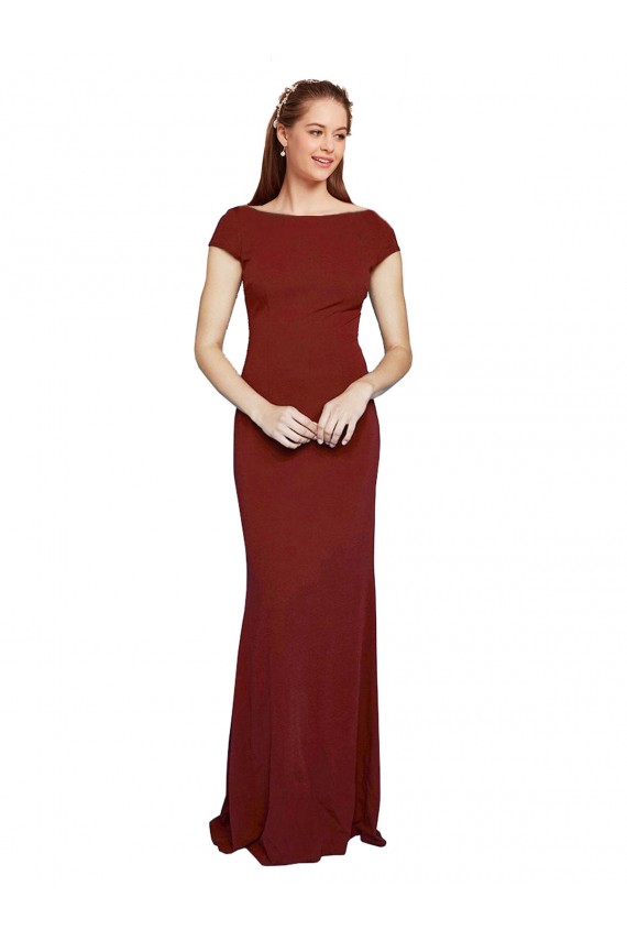 Long Cap Sleeves Stretch Crepe Burgundy Mermaid Prom Dress Canada Online