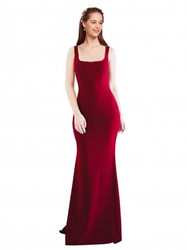 Long Sleeveless Stretch Crepe Burgundy Square Neck Mermaid Prom Dress Canada Online