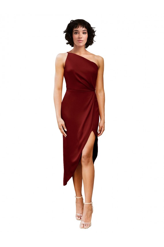 Midi Length Sleeveless Stretch Satin Burgundy Sheath Black Tie Prom Dress Canada Online