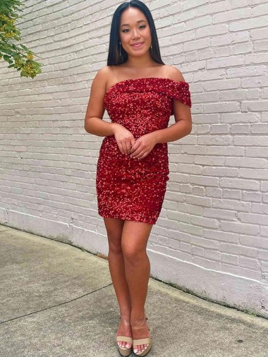 Short Sleeveless Velvet Sequin Burgundy Sheath Evening Prom Dress Canada Online