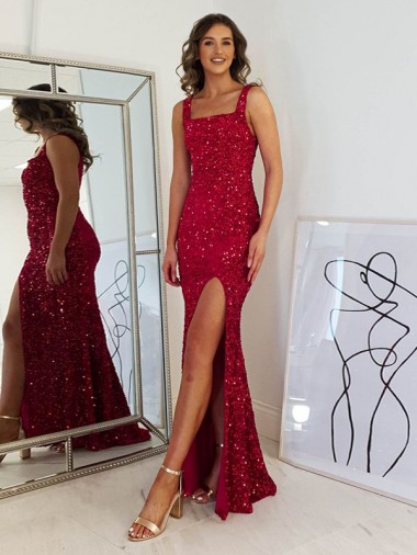 Long Sleeveless Velvet Sequin Burgundy Sheath Prom Dress Canada Online