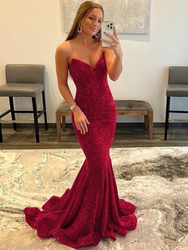 Sweep Train Sleeveless Velvet Sequin Burgundy Sheath Evening Prom Dress Canada Online