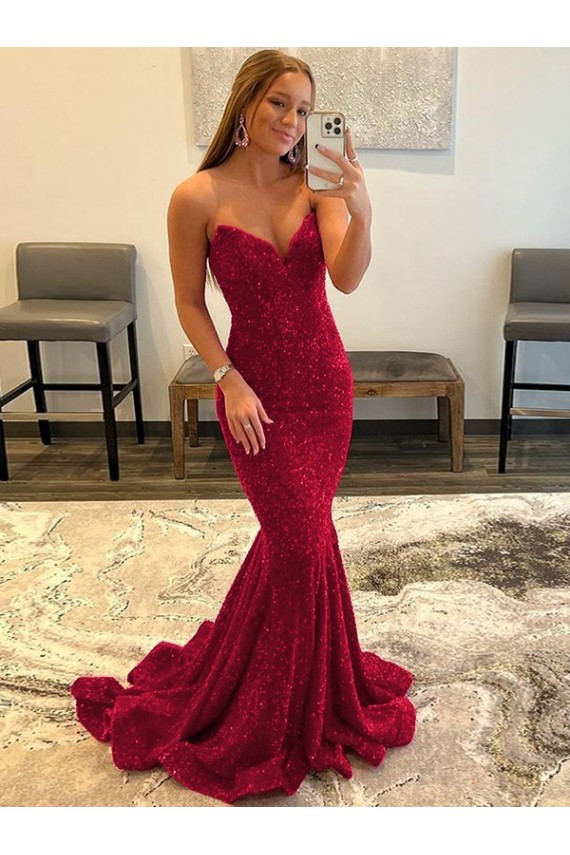 Sweep Train Sleeveless Velvet Sequin Burgundy Sheath Evening Prom Dress Canada Online