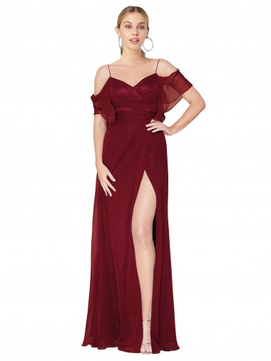 Long Cold Shoulder Soft Chiffon Burgundy Trumpet Prom Dress Canada Online