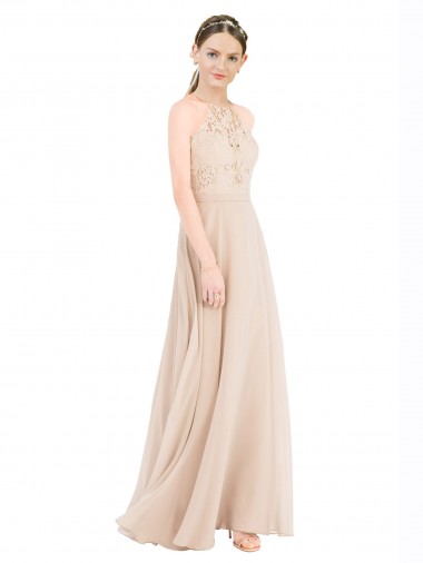 Long Sleeveless Soft Chiffon & Lace Champagne A-Line Prom Dress Canada Online