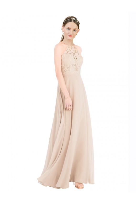 Long Sleeveless Soft Chiffon & Lace Champagne A-Line Prom Dress Canada Online