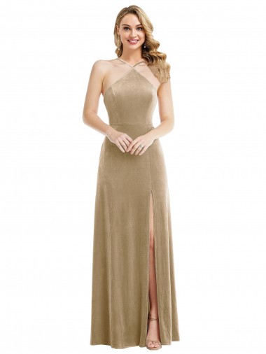 Long Sleeveless Stretch Velvet Champagne A-Line Open Back Prom Dress Canada Online