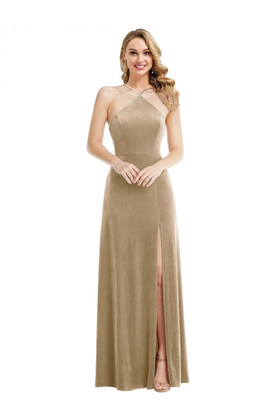 Long Sleeveless Stretch Velvet Champagne A-Line Open Back Prom Dress Canada Online