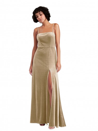 Long Sleeveless Stretch Velvet Champagne A-Line Low Back Prom Dress Canada Online