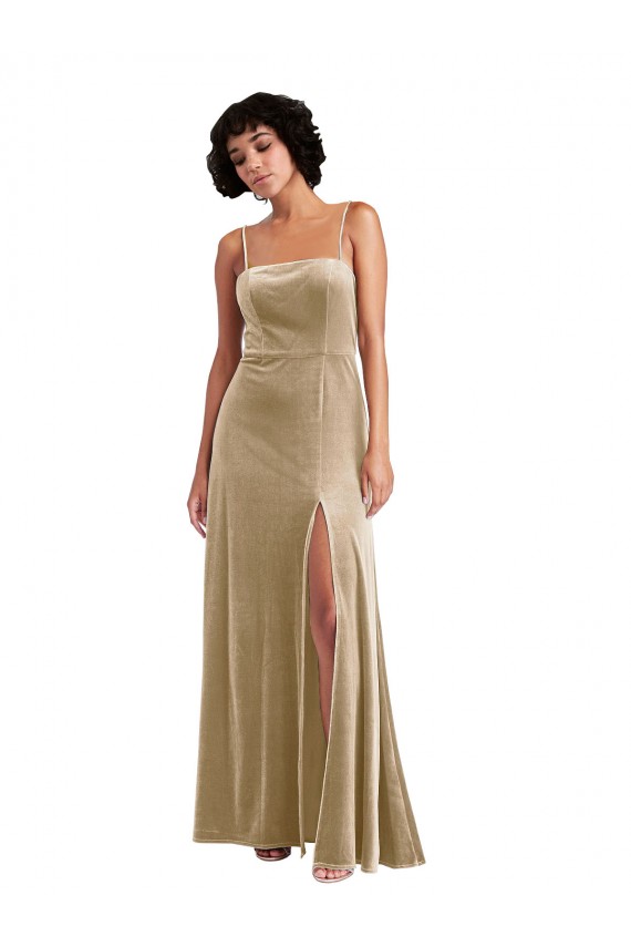 Long Sleeveless Stretch Velvet Champagne A-Line Low Back Prom Dress Canada Online
