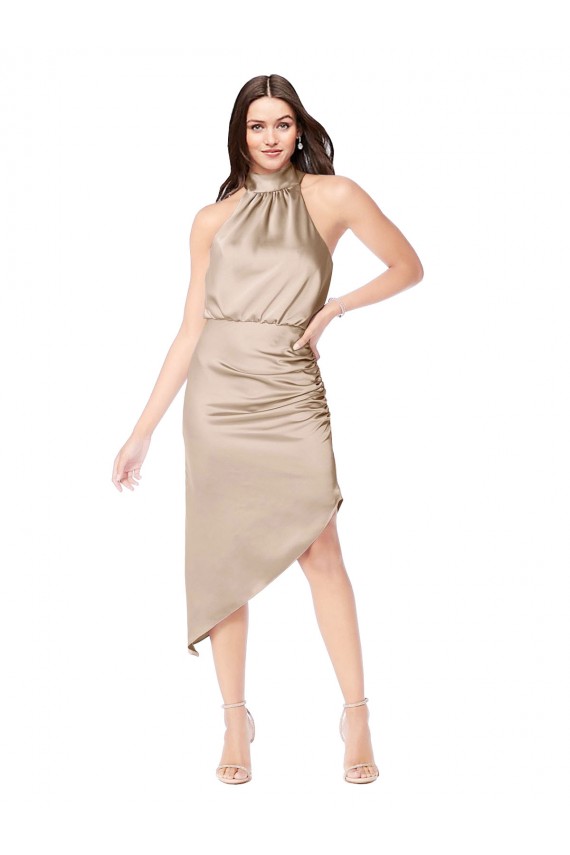 Midi Length Sleeveless Silky Satin Champagne Pink A-Line High Low Prom Dress Canada Online