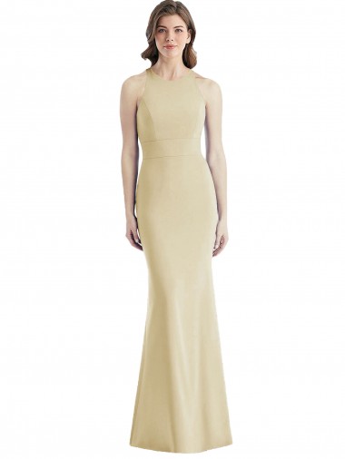 Long Sleeveless Stretch Crepe Champagne Trumpet Open Back Prom Dress Canada Online
