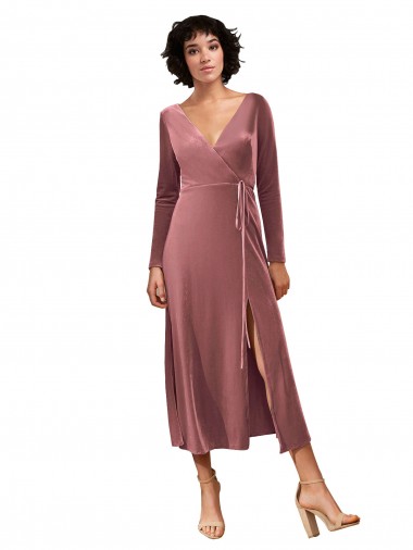 Midi Length Long Sleeves Stretch Velvet Cinnamon Rose A-Line Black Tie Prom Dress Canada Online