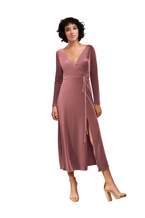 Midi Length Long Sleeves Stretch Velvet Cinnamon Rose A-Line Black Tie Prom Dress Canada Online