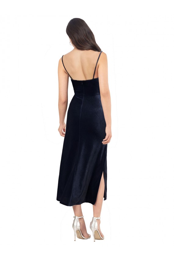 Midi Length Sleeveless Stretch Velvet Dark Navy Column Prom Dress Canada Online