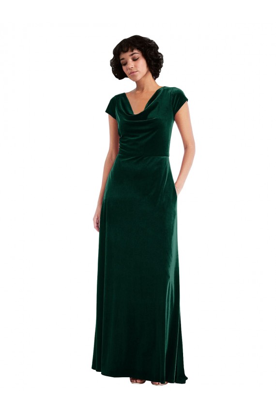 Long Cap Sleeves Stretch Velvet Dark Green A-Line Black Tie Prom Dress Canada Online