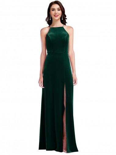 Long Sleeveless Stretch Velvet Dark Green A-Line Halter Neck Prom Dress Canada Online
