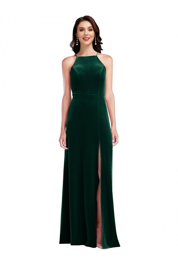 Long Sleeveless Stretch Velvet Dark Green A-Line Halter Neck Prom Dress Canada Online