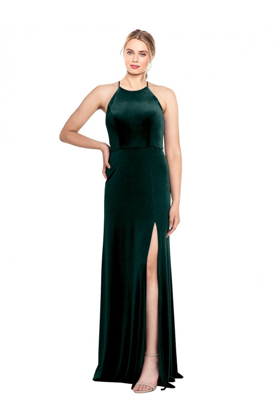 Long Sleeveless Stretch Velvet Dark Green Spaghetti Straps A-Line Prom Dress Canada Online