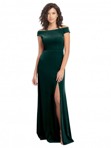 Long Cap Sleeves Stretch Velvet Dark Green A-Line Prom Dress Canada Online