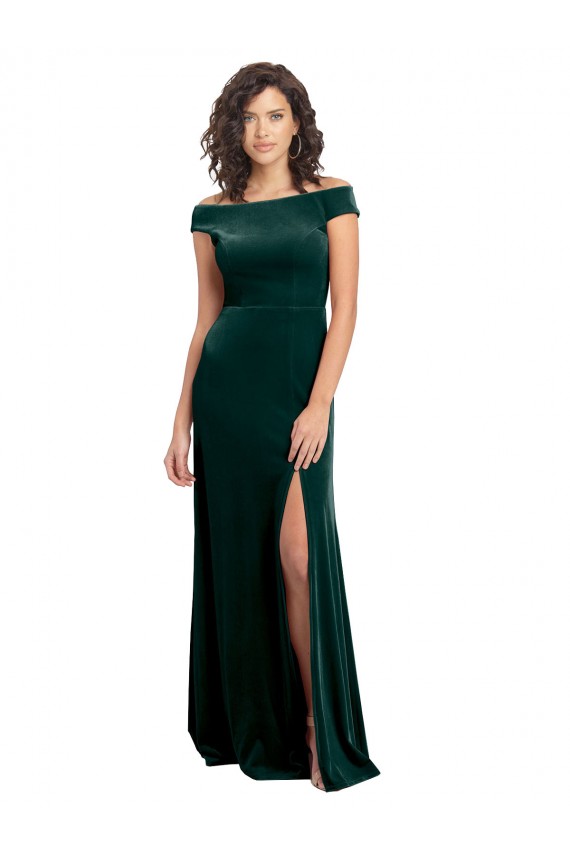 Long Cap Sleeves Stretch Velvet Dark Green A-Line Prom Dress Canada Online