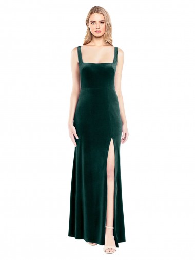 Long Sleeveless Stretch Velvet Dark Green A-Line Square Neck Prom Dress Canada Online