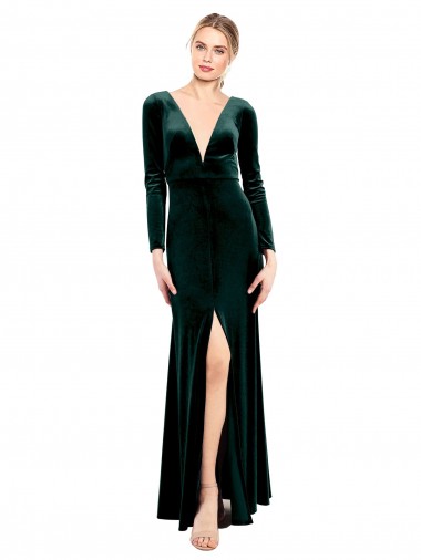 Long Long Sleeves Stretch Velvet Dark Green A-Line Black Tie Prom Dress Canada Online