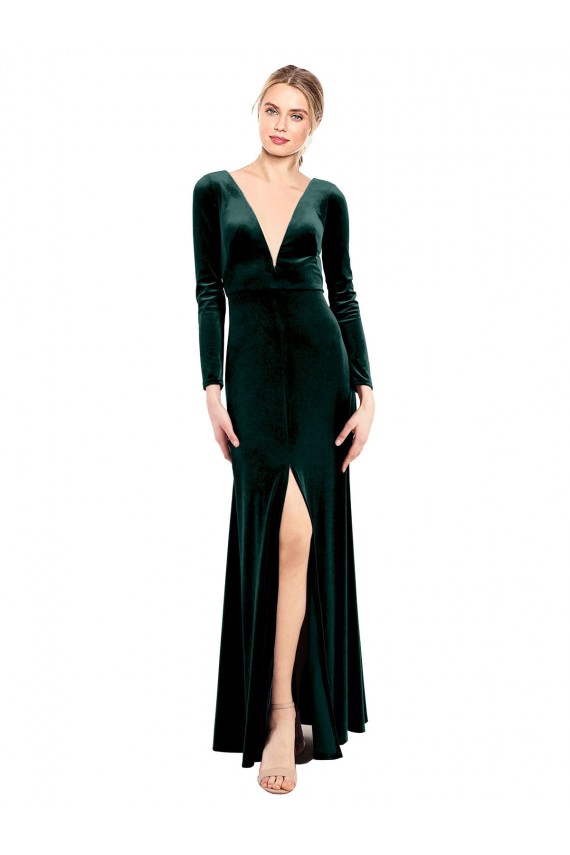 Long Long Sleeves Stretch Velvet Dark Green A-Line Black Tie Prom Dress Canada Online