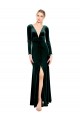 Long Long Sleeves Stretch Velvet Dark Green A-Line Black Tie Prom Dress Canada Online