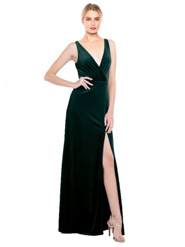 Long Sleeveless Stretch Velvet Dark Green A-Line Black Tie Prom Dress Canada Online