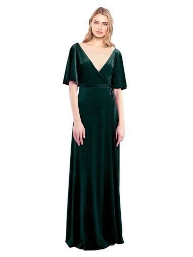 Long Flutter Sleeves Stretch Velvet Dark Green A-Line Prom Dress Canada Online