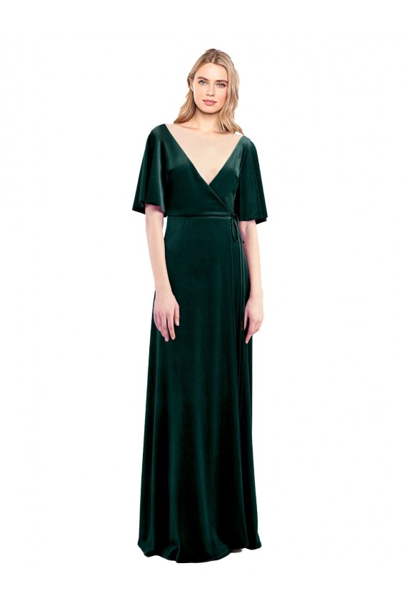Long Flutter Sleeves Stretch Velvet Dark Green A-Line Prom Dress Canada Online