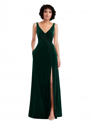 Long Sleeveless Stretch Velvet Dark Green V-Neck V-Neck Prom Dress Canada Online