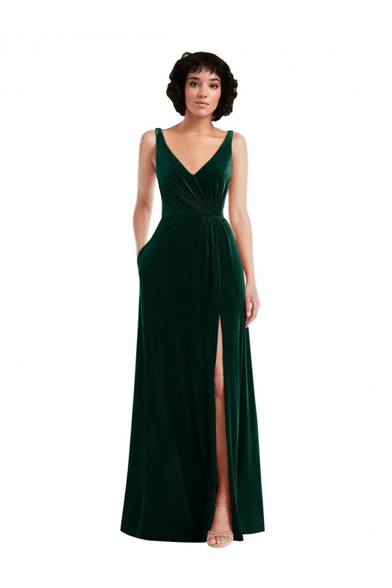 Long Sleeveless Stretch Velvet Dark Green V-Neck V-Neck Prom Dress Canada Online
