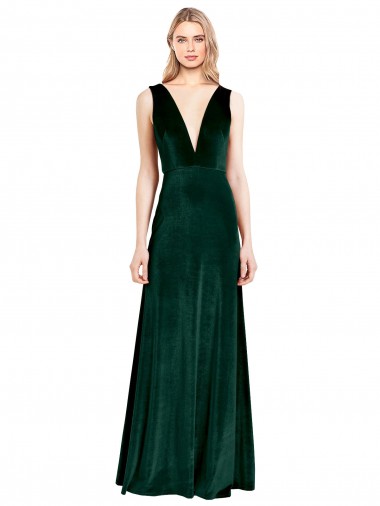Long Sleeveless Stretch Velvet Dark Green A-Line Prom Dress Canada Online