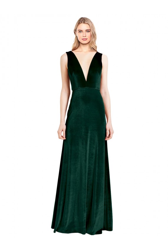 Long Sleeveless Stretch Velvet Dark Green A-Line Prom Dress Canada Online