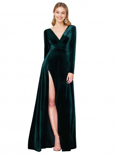Sweep Train Long Sleeves Stretch Velvet Dark Green A-Line Black Tie Prom Dress Canada Online