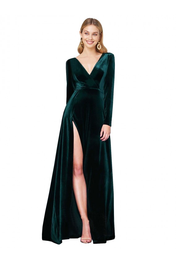 Sweep Train Long Sleeves Stretch Velvet Dark Green A-Line Black Tie Prom Dress Canada Online