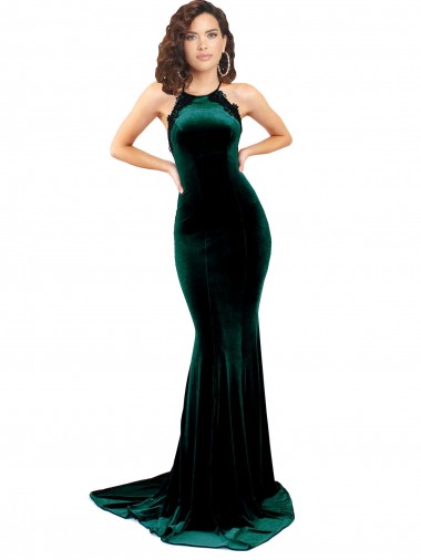 Sweep Train Sleeveless Stretch Velvet Dark Green Mermaid Prom Dress Canada Online