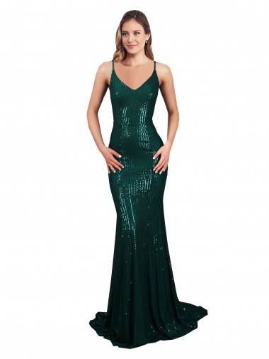 Long Sleeveless Sequin Dark Green Mermaid Low Back Prom Dress Canada Online