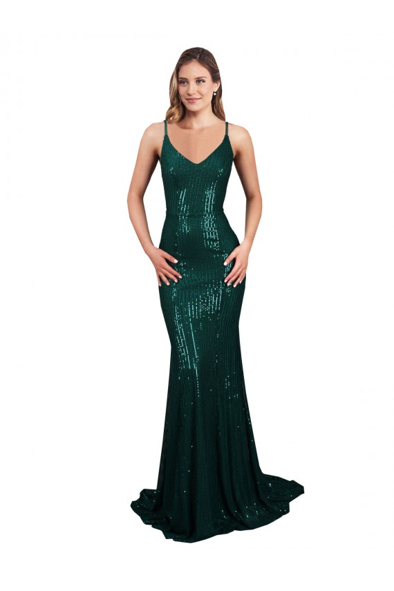 Long Sleeveless Sequin Dark Green Mermaid Low Back Prom Dress Canada Online