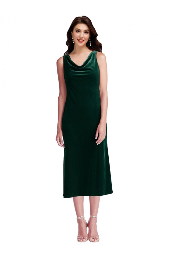 Midi Length Sleeveless Stretch Velvet Dark Green Sheath Prom Dress Canada Online