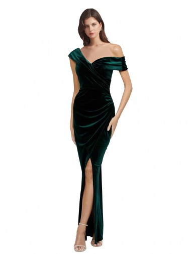 Long Sleeveless Stretch Velvet Dark Green Off the Shoulder Sheath High Low Prom Dress Canada Online