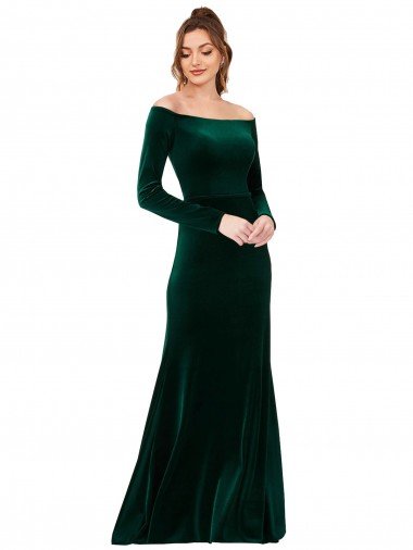 Long Long Sleeves Stretch Velvet Dark Green Sheath Prom Dress Canada Online