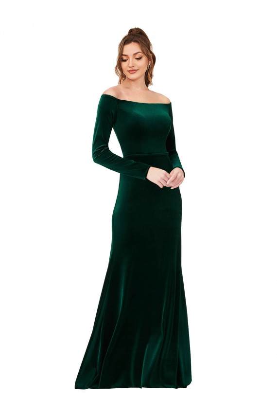 Long Long Sleeves Stretch Velvet Dark Green Sheath Prom Dress Canada Online