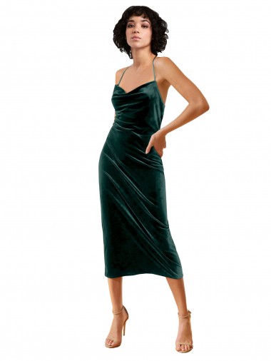 Midi Length Sleeveless Stretch Velvet Dark Green Sheath Open Back Prom Dress Canada Online
