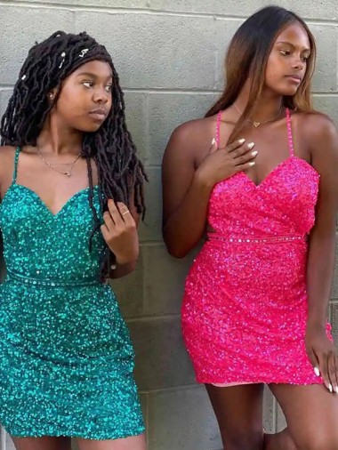 Short Sleeveless Velvet Sequin Dark Green Sheath Prom Dress Canada Online