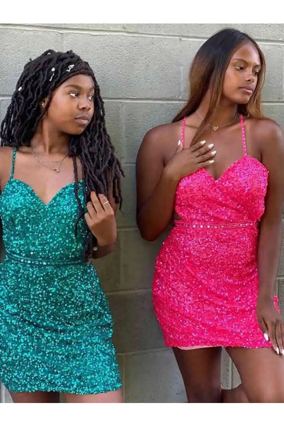 Short Sleeveless Velvet Sequin Dark Green Sheath Prom Dress Canada Online