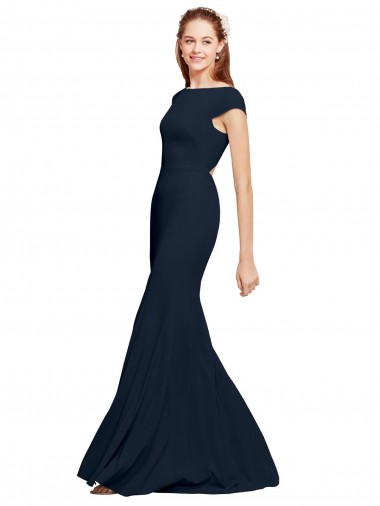Long Sleeveless Stretch Crepe Dark Navy Boat Neck A-Line Prom Dress Canada Online