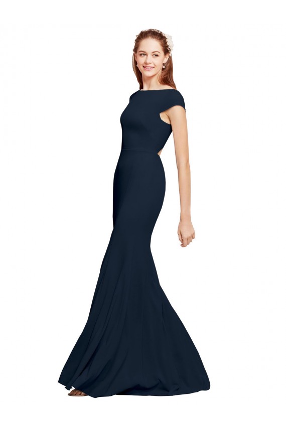 Long Sleeveless Stretch Crepe Dark Navy Boat Neck A-Line Prom Dress Canada Online